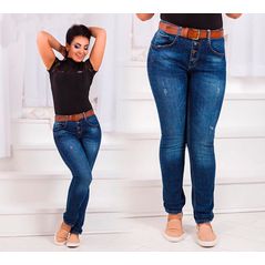 Женские джинсы большого размера потертые темно синие с поясом 000001, фото 