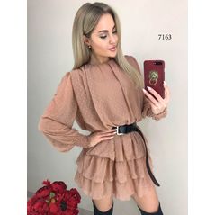 Бежевое платье мини с поясом 7163, Цвет: Бежевый, Размер: 42-46 UKR (One size), фото 