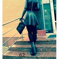 Чорне шкіряне плаття-міні з довгим рукавом 62, Колір: Чорний, Розмір: S, фото , зображення 2