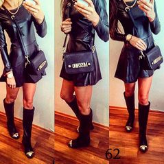 Чорне шкіряне плаття-міні з довгим рукавом 62, Колір: Чорний, Розмір: S, фото 