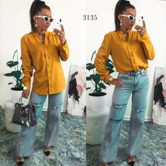 Женская белая рубашка из льна горчица 3135, Цвет: Горчица, Размер: 42-46 UKR (One size), фото 