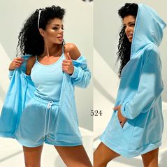 Жіночий літній костюм трійка блакитний кофта, майка і шорти 524, Колір: Блакитний, Розмір: s-m, фото 