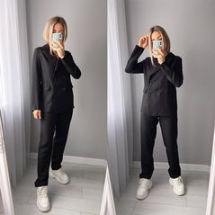 Жіночий брючний костюм з жаккарда чорний 7201, Колір: Чорний, Розмір: S, фото 