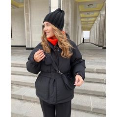 Жіноча куртка модна з поясом чорна 001Д, Колір: Чорний, Розмір: s-m, фото 
