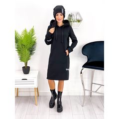 Жіночий комплект теплий плаття з шапкою колір чорний 717, Колір: Чорний, Розмір: s-m, фото 