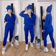 Жіночий затишний теплий костюм трійка штани кофта та шапка колір електрик 7210, Колір: Електрик, Розмір: s-m, фото 