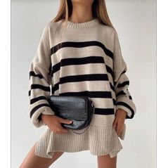 Женский свитер бежевый в полоску Турция 3025, Цвет: Белый, Размер: 42-46 UKR (One size), фото 