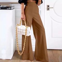 Жіночі прямі штани широкі з високою посадкою колір бежевий 1942, Колір: Бежевий, Розмір: s-m, фото , зображення 2