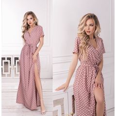 Довга сукня на запах у горошок колір бежевий 1240, Колір: Бежевий, Розмір: s-m, фото 