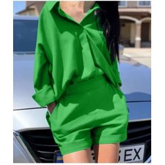 Жіночий костюм із льону сорочка та шорти колір зелений 3211, Колір: Зелений, Розмір: 42-46, фото 