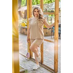 Жіночий костюм блузка і шорти колір бежевий р41624, Колір: Бежевий, Розмір: 50-52, фото 