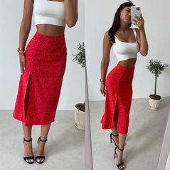 Жіноча спідниця міді з розрізом по лінії стегна колір червоний 392, Колір: Червоний, Розмір: s-m, фото 