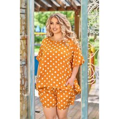 Женский костюм в горошек блузка и шорты цвет горчица р15405, Цвет: Горчица, Размер: 50-52 UKR, фото , изображение 2