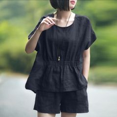 Женский черный костюм из льна летний блузка и шорты 2025, Цвет: Черный, Размер: S-M (42-44 UKR), фото 