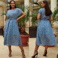 Платье большого размера в горошек цвет голубой с62, Цвет: Голубой, Размер: 50-52 UKR, фото 