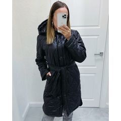 Женское плащевое пальто черное с поясом 835/1835, Цвет: Черный, Размер: S-M (42-44 UKR), фото 