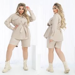 Женский кожаный костюм рубашка и шорты короткие бежевый 1317, Цвет: Бежевый, Размер: 50-52 UKR, фото 