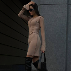 Облягаюча сукня міні бежева з довгим рукавом 1372, Колір: Бежевий, Розмір: 42-46, фото 