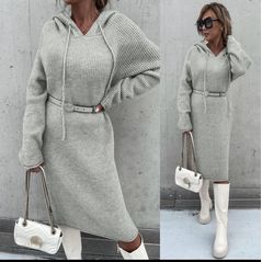 Платье миди теплое с капюшоном серое 3241, Цвет: Серый, Размер: 42-46 UKR (One size), фото 