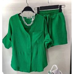 Красивый летний костюм женский рубашка и шорты короткие цвет зеленый 3257, Цвет: Зеленый, Размер: 42-46 UKR (One size), фото 