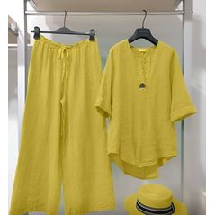 Женский костюм летний из крепа брюки и рубашка цвет горчица 3258, Цвет: Горчица, Размер: 42-46 UKR (One size), фото 