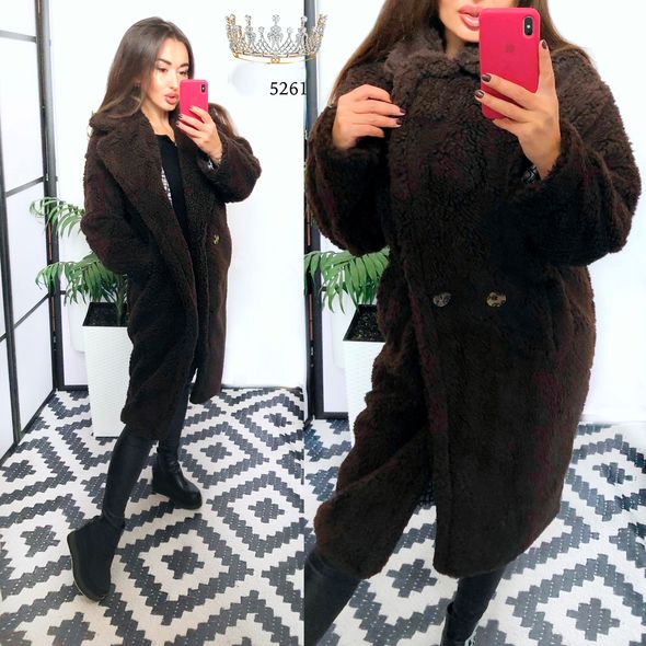 Жіноча шоколадна шуба довга з коміром стійка 5261, Колір: Шоколад, Розмір: 42-48, фото 