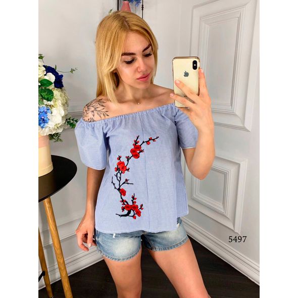 Женская синяя блузка свободного покроя в полоску и открытой спиной 5497, Цвет: Синий, Размер: S-M (42-44 UKR), фото 