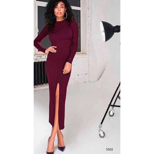 Бордовое платье миди с разрезом по линии бедра и отрытой спиной 5502, Цвет: Бордовый, Размер: S-M (42-44 UKR), фото 