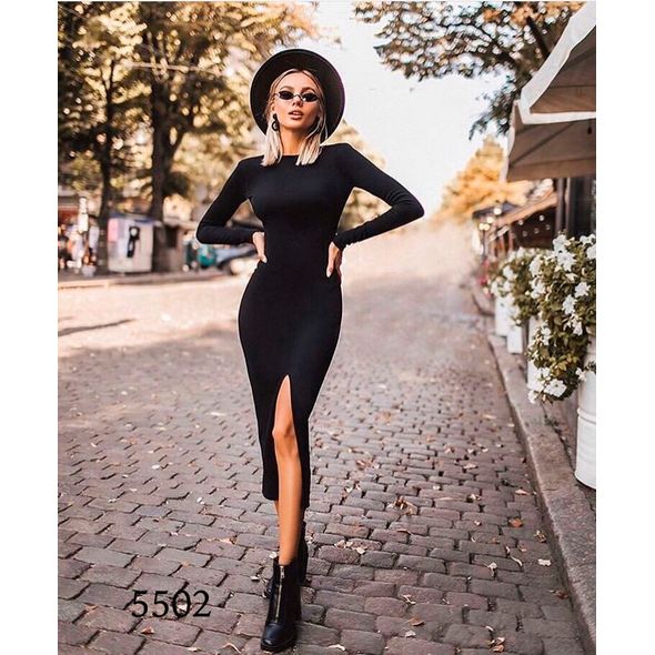 Черное платье миди с разрезом по линии бедра и отрытой спиной 5502, Цвет: Черный, Размер: S-M (42-44 UKR), фото 
