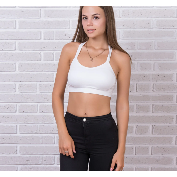 Женский белый топик плотно облегающий на лямку через шею 0000001, фото 