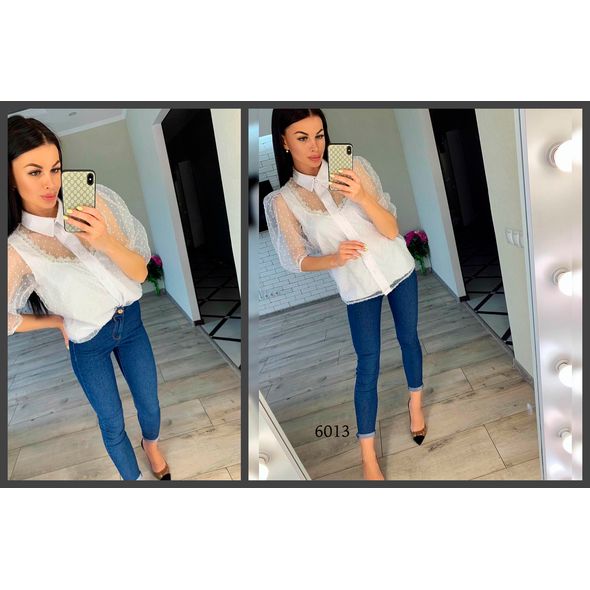 Красивая вечерняя блузка белая в горошек 6013, Цвет: Белый, Размер: S-M (42-44 UKR), фото 