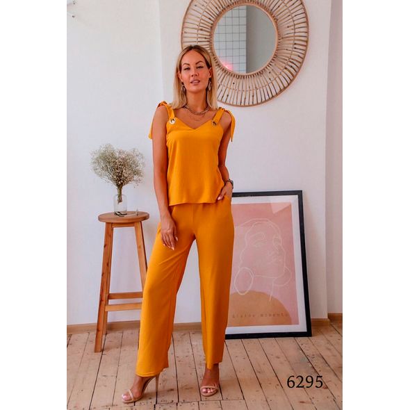 Летний стильный костюм цвета хаки майка и прямые штаны 6295, Колір: Гірчиця, Розмір: m-l, фото 