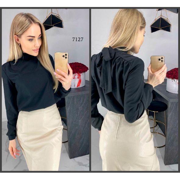 Черная блузка с длинным рукавом 7127, Цвет: Черный, Размер: M-L (44-46 UKR), фото 