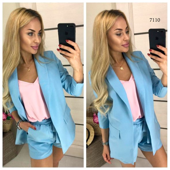 Женский костюм тройка пиджак, шорты и блузка цвет голубой 7110, Цвет: Голубой, Размер: S-M (42-44 UKR), фото 