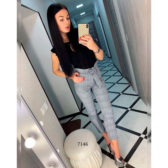 Женские укороченные брюки дудочки принт клетка 7146, Цвет: Серый, Размер: S-M (42-44 UKR), фото 