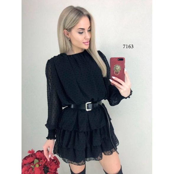 Чорна сукня міні з поясом 7163, Колір: Чорний, Розмір: 42-46, фото 