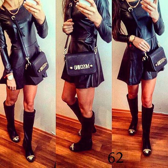 Черное кожаное платье-мини с длинным рукавом 62, Цвет: Черный, Размер: S (42 UKR), фото 