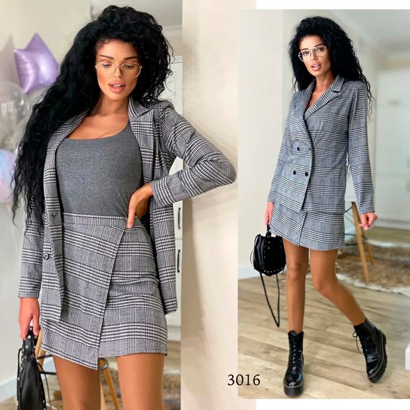 Костюм женский юбочный в клетку 3016, Цвет: Серый, Размер: S-M (42-44 UKR), фото 