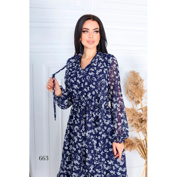 Шифоновое платье темно-синее принт цветы  663, Цвет: Темно-синий, Размер: L-XL (46-48 UKR), фото , изображение 2