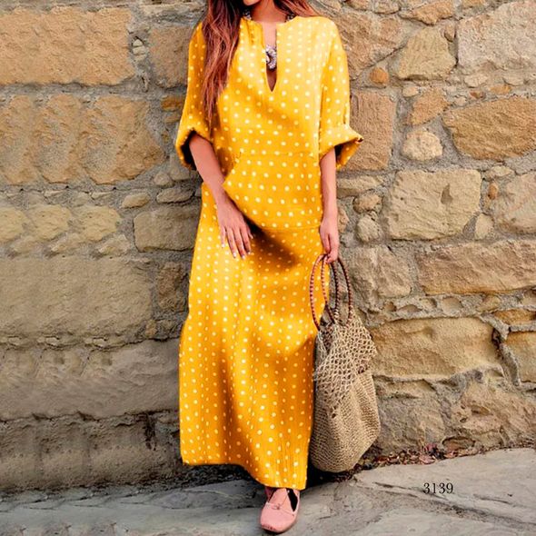 Довга сукня літня жовта в горошок 3139, Колір: Жовтий , Розмір: 48-52, фото 