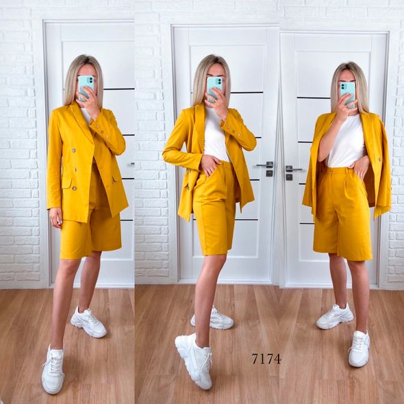 Жіночий літній костюм піджак і шорти колір гірчиця 7174, Колір: Гірчиця, Розмір: S, фото 