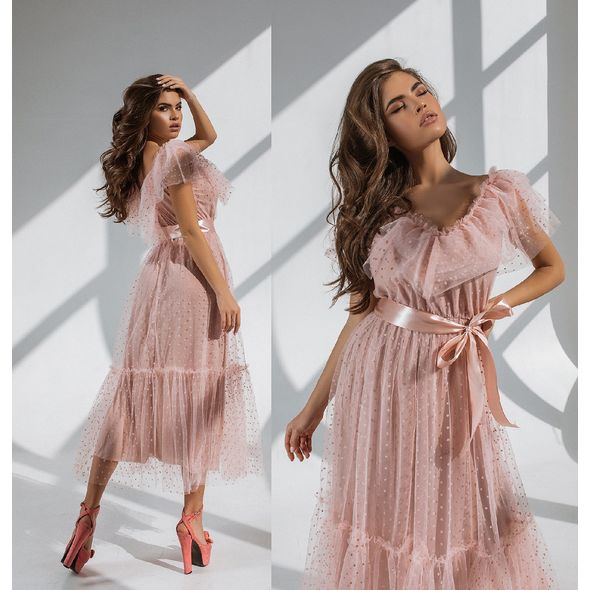 Платье нарядное с поясом цвет пудра 6083, Цвет: Пудра, Размер: L-XL (46-48 UKR), фото 
