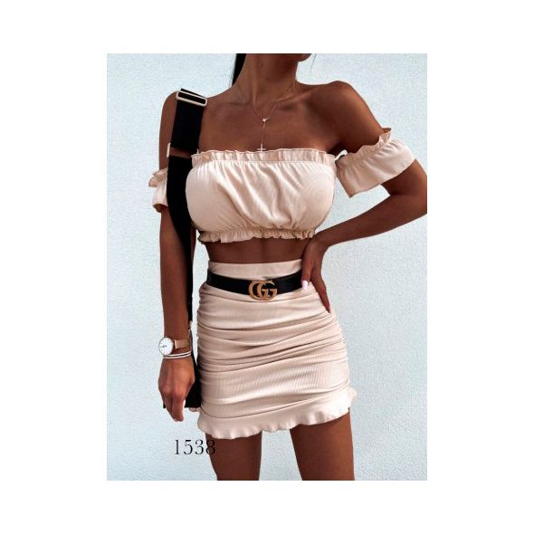 Костюмчик жіночий спідниця і топ з оголеними плічками колір бежевий 1538, Колір: Бежевий, Розмір: s-m, фото 