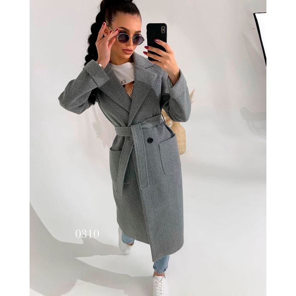 Женское пальто длинное серое с поясом 0310, Цвет: Серый, Размер: S-M (42-44 UKR), фото 