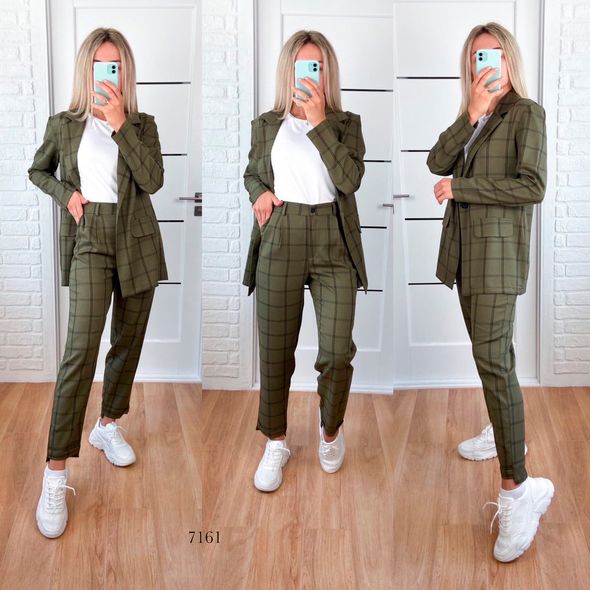Жіночий костюм брючний в клітку колір хакі 7161, Колір: Хакі, Розмір: M, фото 