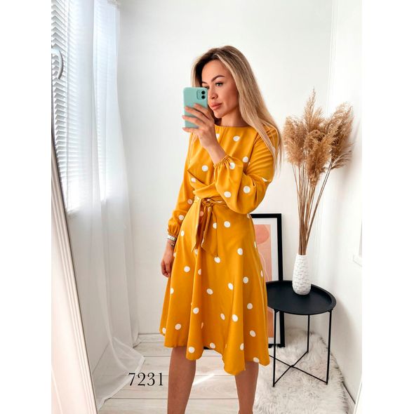Женское платье горчица в горошек крупный 7231, Цвет: Горчица, Размер: L-XL (46-48 UKR), фото 