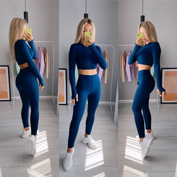 Жіночий спортивний костюм топік і лосини колір темно-синій 7239, Колір: Темно синій, Розмір: 42-46, фото 