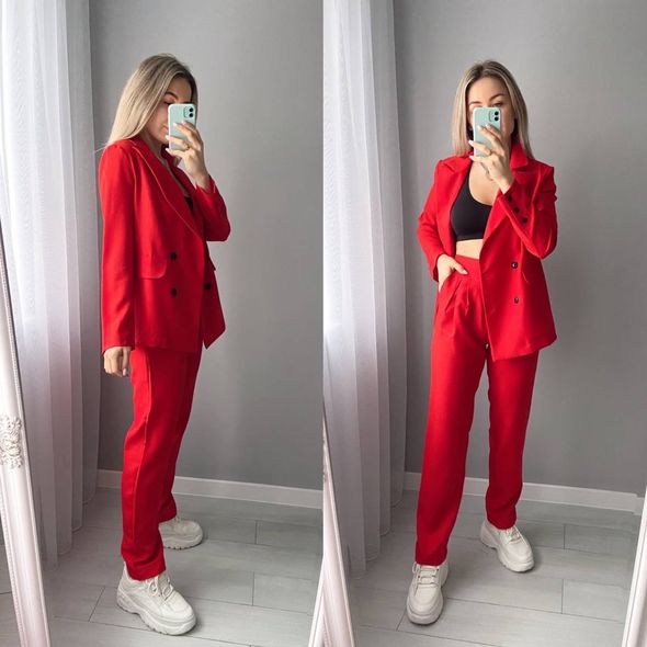 Женский брючный костюм из жаккарда красный 7201, Цвет: Красный, Размер: S (42 UKR), фото 