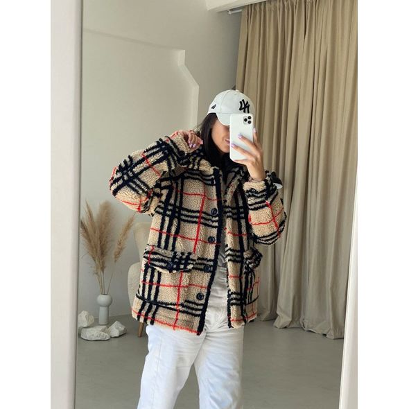 Женская короткая шубка модная в клетку цветную с воротником цвет бежевый 30228, Цвет: Бежевый, Размер: S-M (42-44 UKR), фото , изображение 3