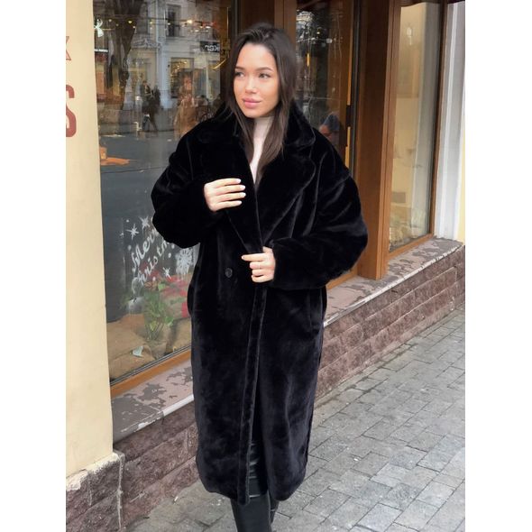 Жіноча м'яка шуба еко-хутро мутон на підкладці чорна 30138, Колір: Чорний, Розмір: 42-46, фото 